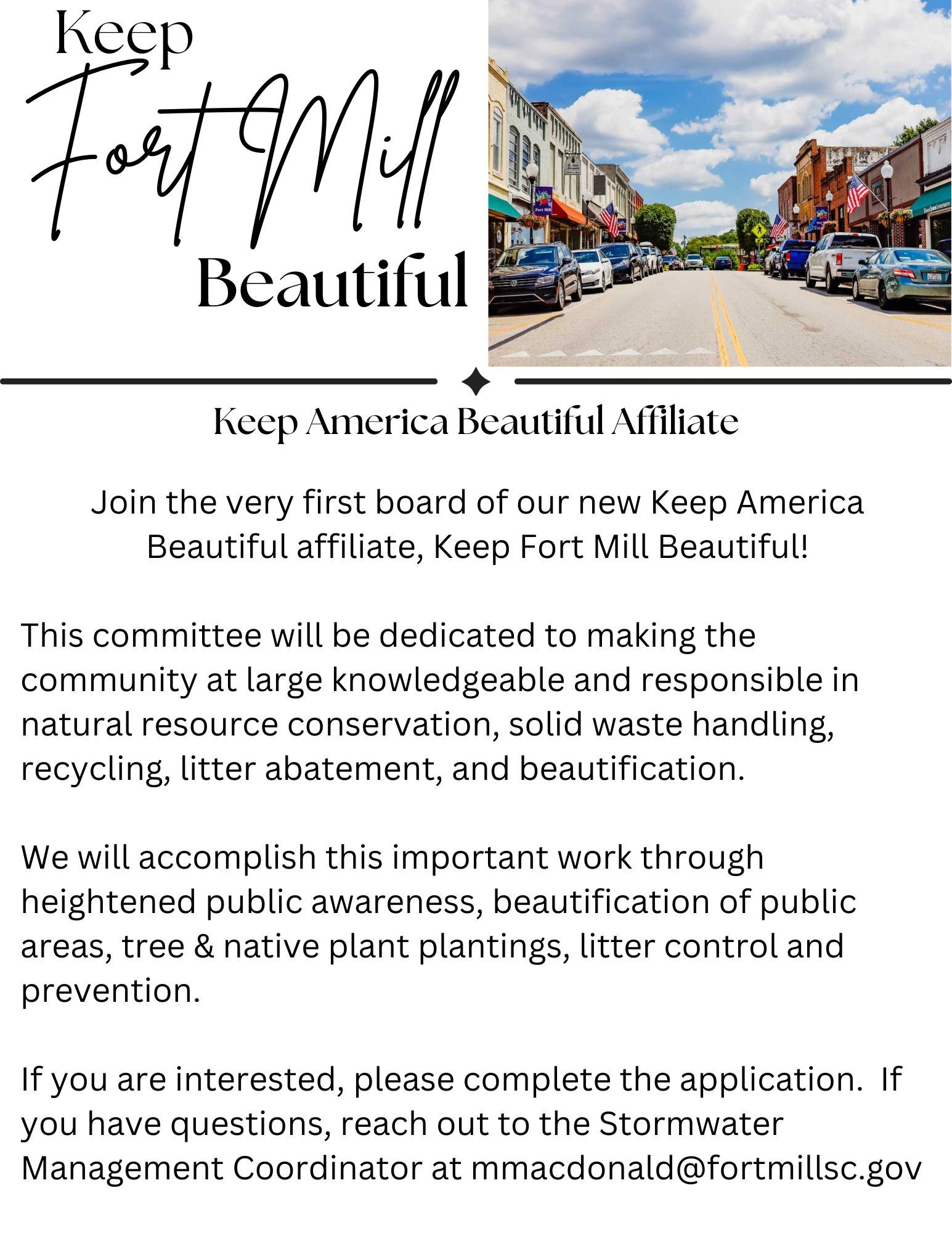 Join the very first board of our new Keep America Beautiful affiliate, Keep Fort Mill Beautiful! Thi